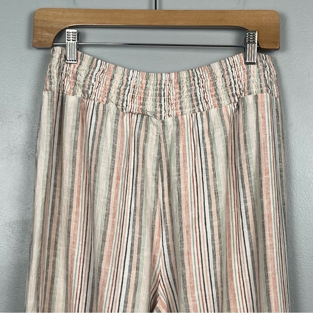 Cato linen blend ivory peach & green striped smocked waist wide leg pants, Med. - Picture 7 of 10